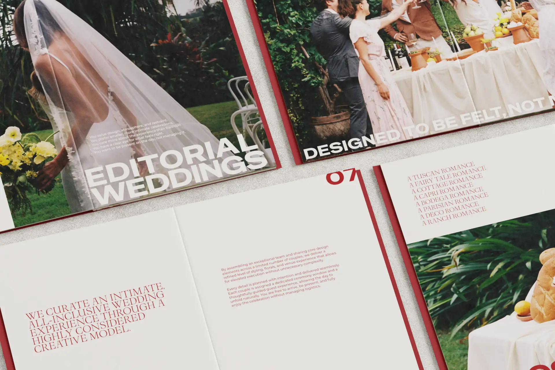 Open spreads of the A Modern Romance guide laid on a surface, showing a bride with a yellow bouquet, an outdoor reception scene, and bold editorial headlines including "Editorial Weddings," "Designed to Be Felt, Not M—," and "We Curate an Intimate, All-Inclusive Wedding Experience Through a Highly Considered Creative Model." A style list reads: A Tuscan Romance, A Fairy Tale Romance, A Cottage Romance, A Capri Romance, A Bodega Romance, A Parisian Romance, A Deco Romance, A Ranch Romance.